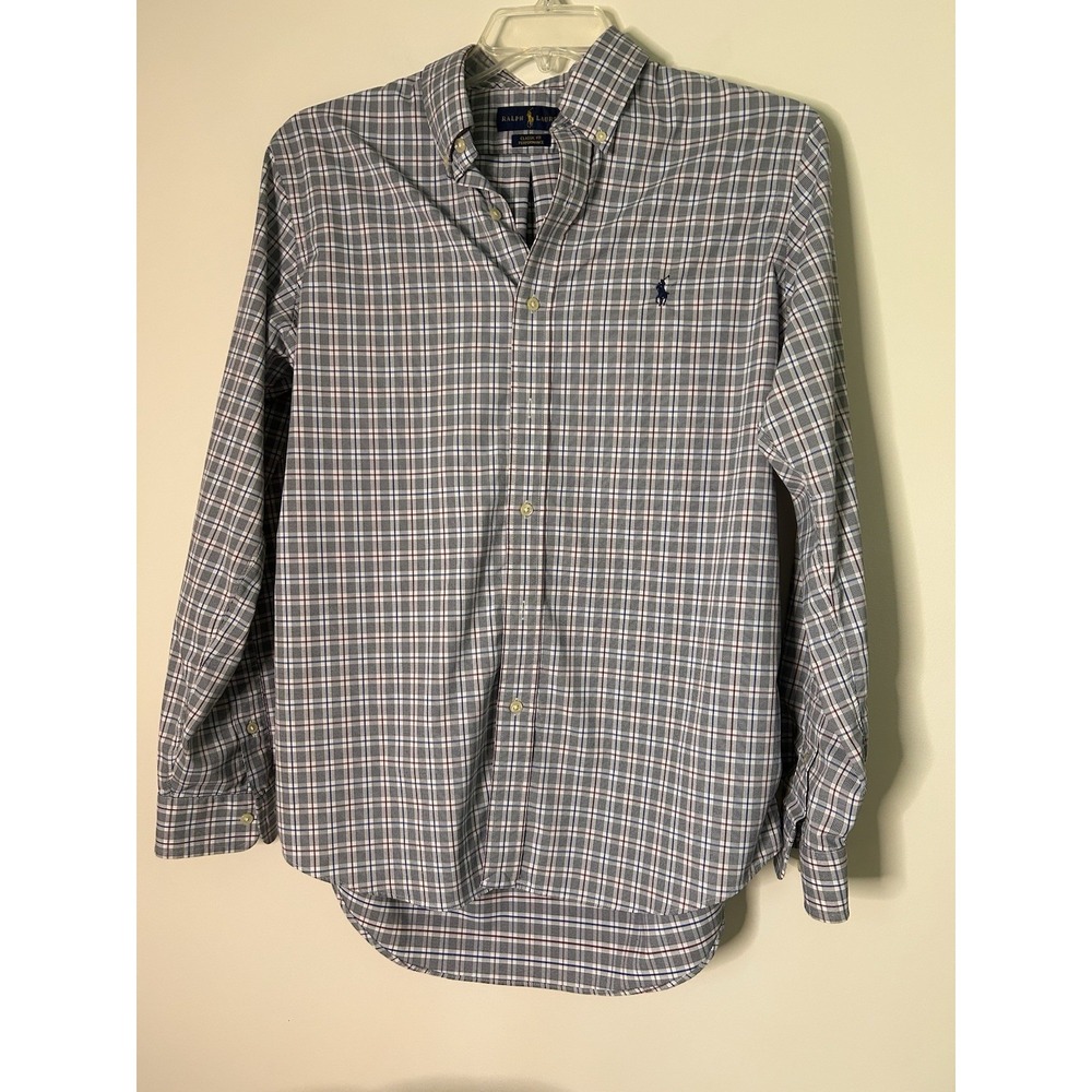 Ralph Lauren Classic Fit Performance Bluish Gray & Red Stripe Plaid Men's Large